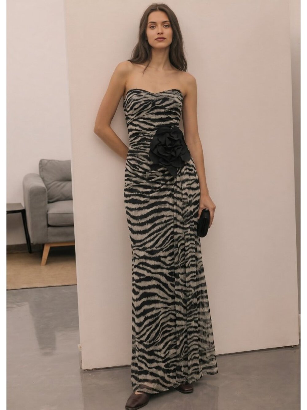 Chiara Boni La Petite Robe Long Strapless Gown Zambia Black Creme Flower 48 L 12